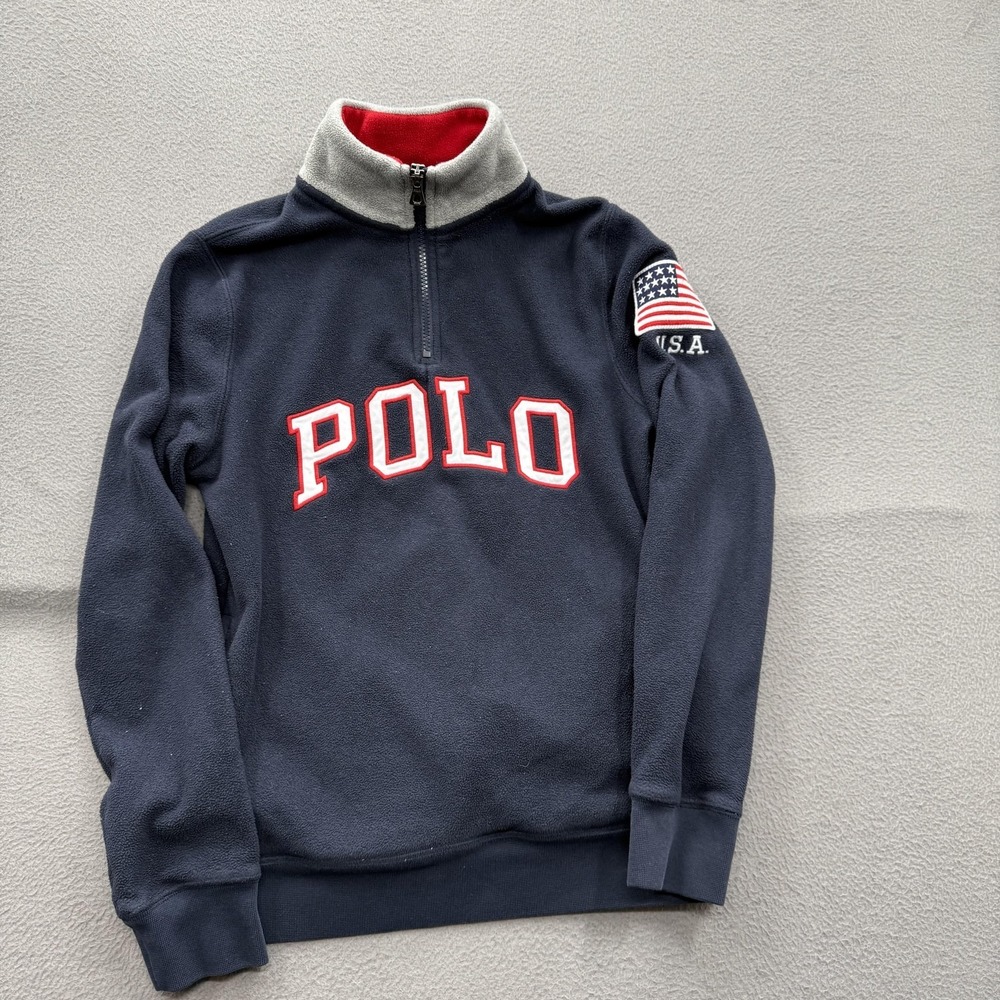 Polo Ralph Lauren Sweatshirt Boys 14-16 Navy Fleece 1/4 Zip USA Flag Graphic